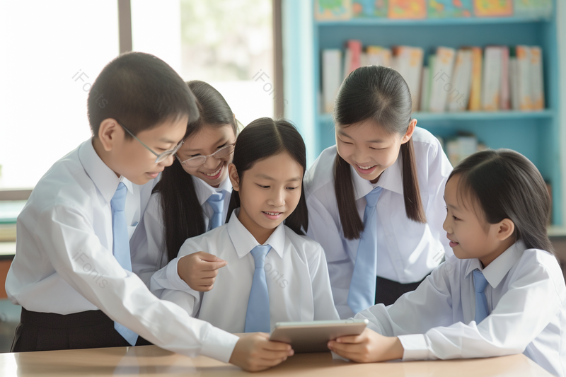 微笑氛围十足的青少年围在一起在网上学习摄影背景,高清,摄影图,摄影图片,图片大全,摄影图免费下载